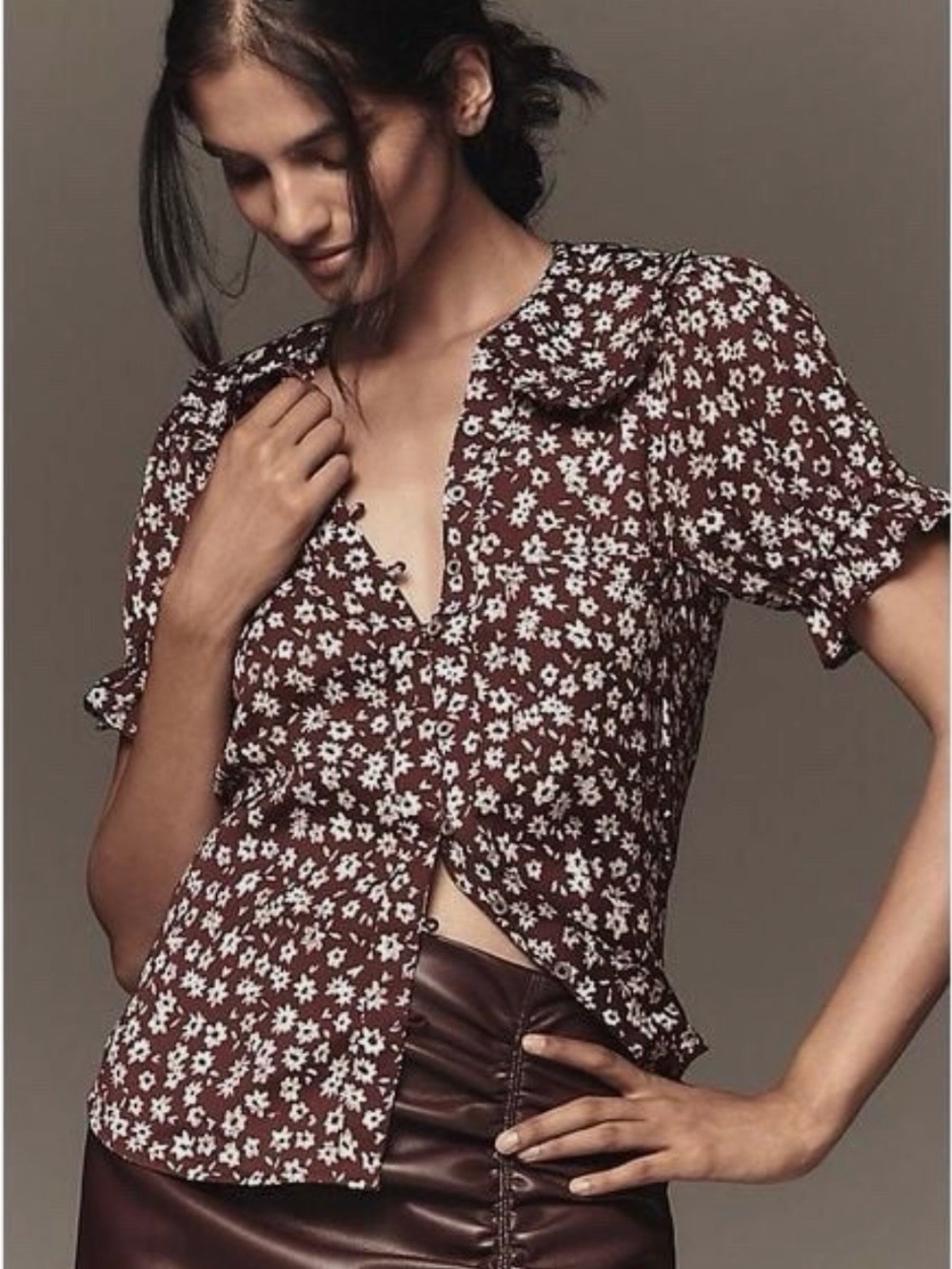 Pilcro Anthology Burgundy Floral Button-Front Blouse
